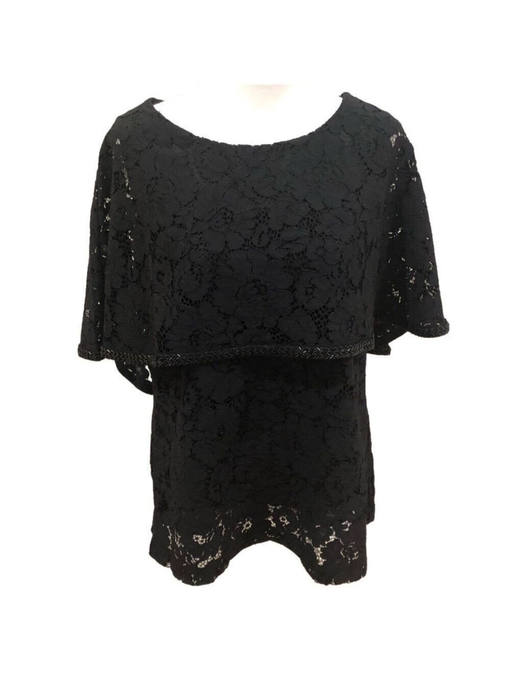 Soft Surroundings Size S black lace with bead trim cape sleeve top. Evening
